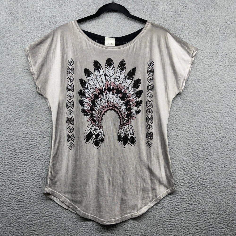 Vocal Women Blouse Gray Native American Warbonnet Rhinestone Short Sleeve Size S